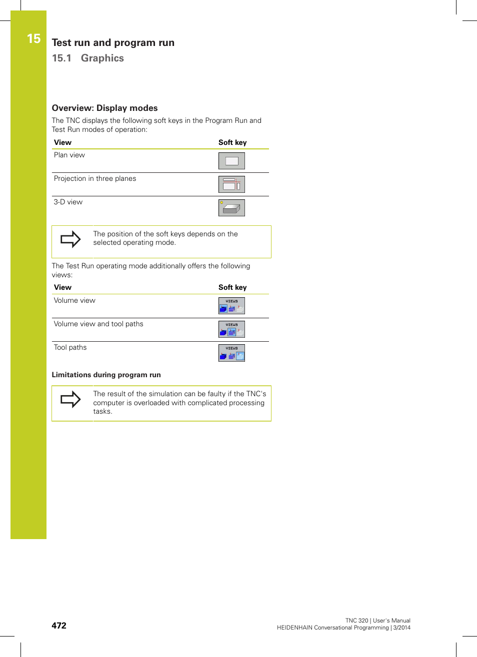 Overview: display modes, Test run and program run 15.1 graphics | HEIDENHAIN TNC 320 (77185x-01) User Manual | Page 472 / 581