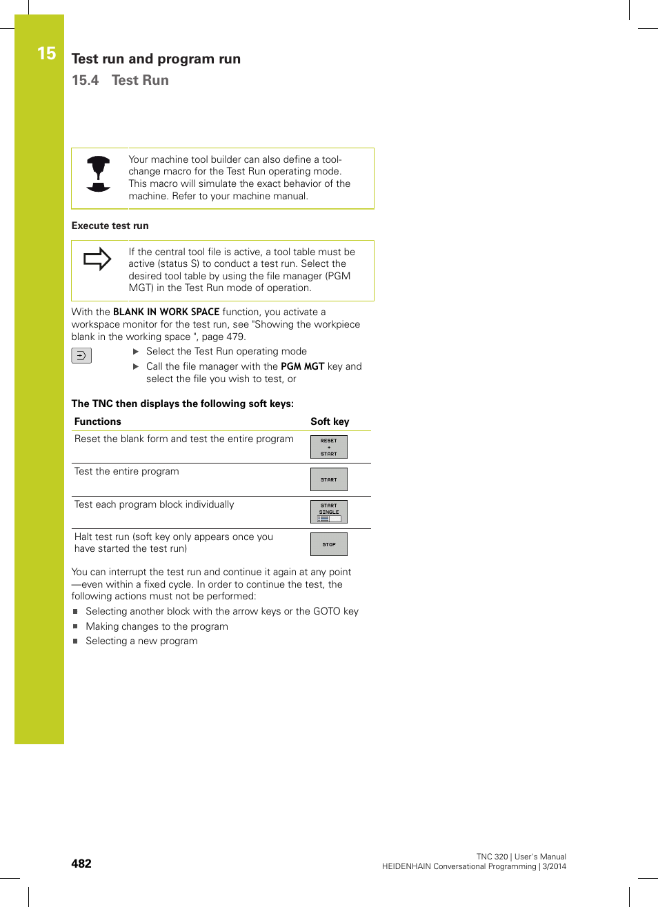 Test run and program run 15.4 test run | HEIDENHAIN TNC 320 (77185x-01) User Manual | Page 482 / 581