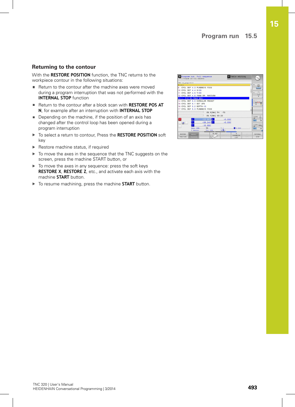 Returning to the contour, Program run 15.5 | HEIDENHAIN TNC 320 (77185x-01) User Manual | Page 493 / 581