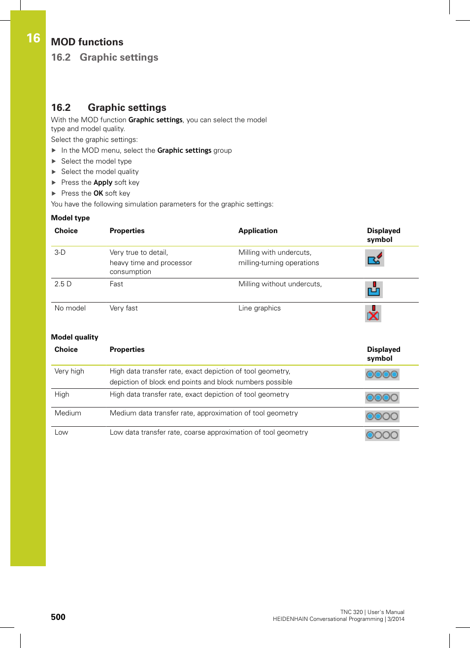 2 graphic settings, Tings" ("graphic settings, Graphic settings | Mod functions 16.2 graphic settings | HEIDENHAIN TNC 320 (77185x-01) User Manual | Page 500 / 581