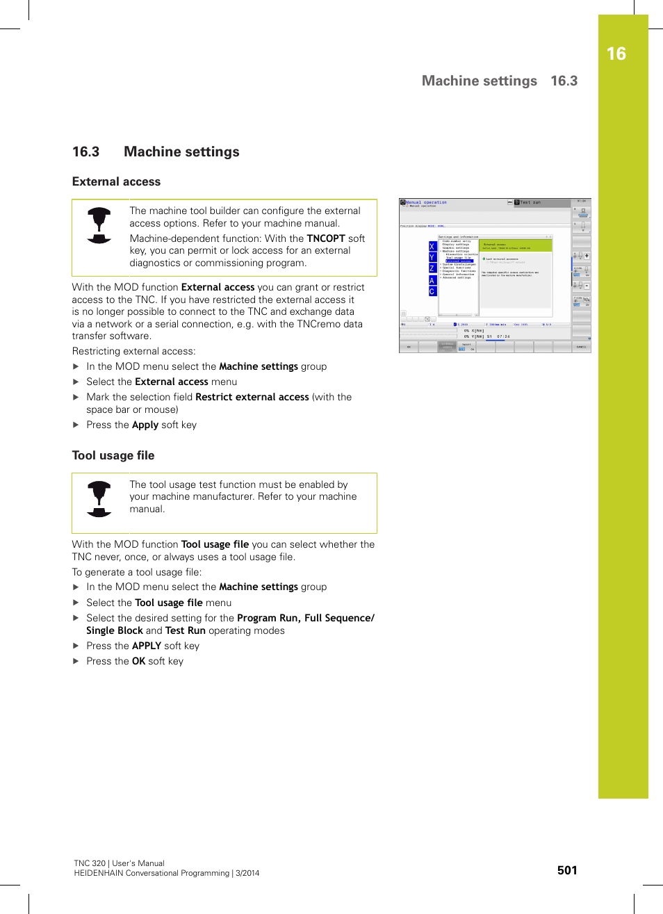 3 machine settings, External access, Tool usage file | Machine settings, Machine settings 16.3 | HEIDENHAIN TNC 320 (77185x-01) User Manual | Page 501 / 581