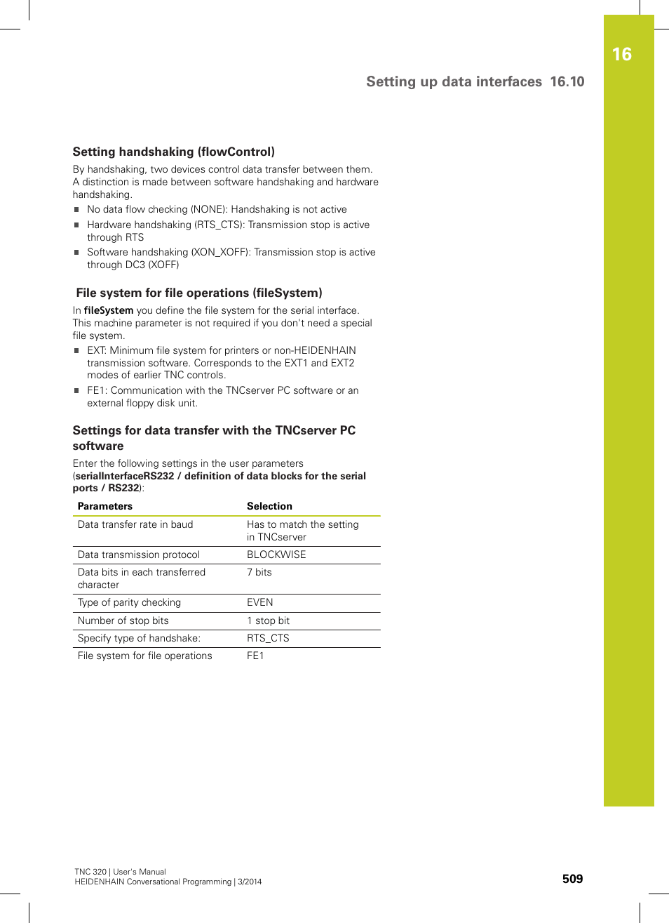 Setting handshaking (flowcontrol), File system for file operations (filesystem), Setting up data interfaces 16.10 | HEIDENHAIN TNC 320 (77185x-01) User Manual | Page 509 / 581