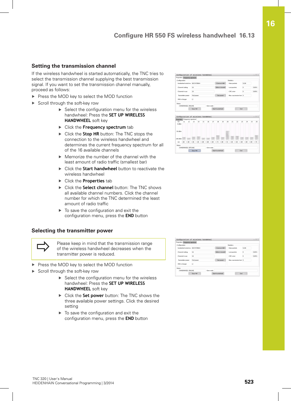 Setting the transmission channel, Selecting the transmitter power | HEIDENHAIN TNC 320 (77185x-01) User Manual | Page 523 / 581