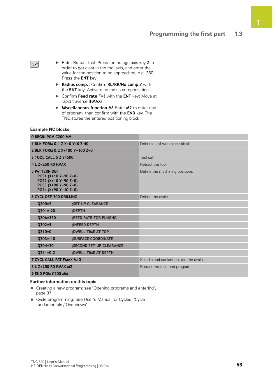 Programming the first part 1.3 | HEIDENHAIN TNC 320 (77185x-01) User Manual | Page 53 / 581