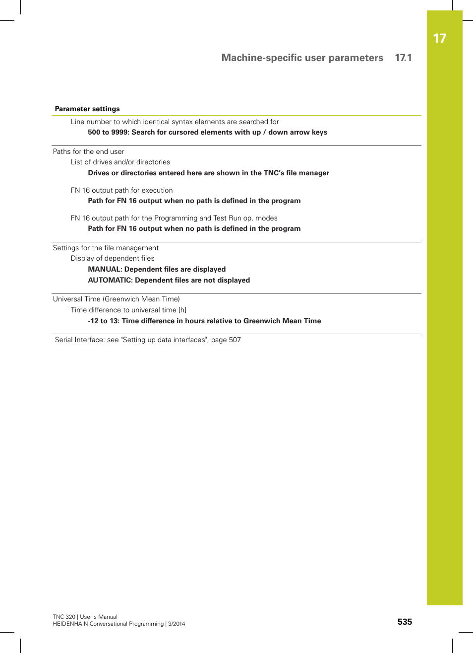 Machine-specific user parameters 17.1 | HEIDENHAIN TNC 320 (77185x-01) User Manual | Page 535 / 581