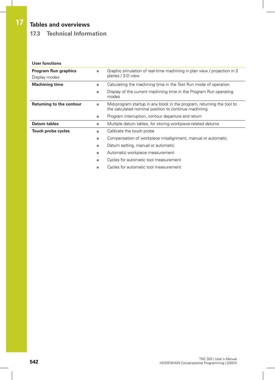 Tables and overviews 17.3 technical information | HEIDENHAIN TNC 320 (77185x-01) User Manual | Page 542 / 581