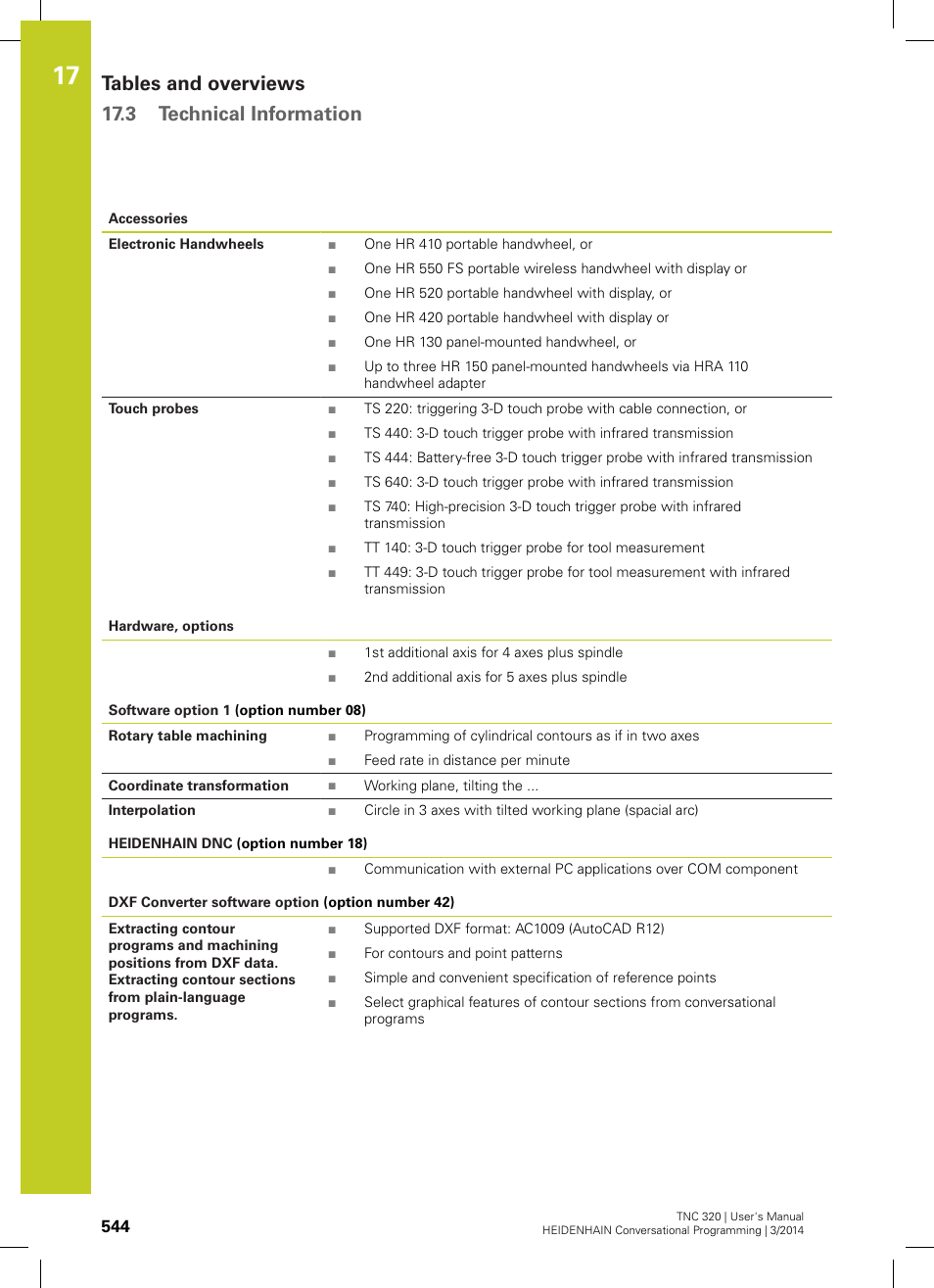 Tables and overviews 17.3 technical information | HEIDENHAIN TNC 320 (77185x-01) User Manual | Page 544 / 581