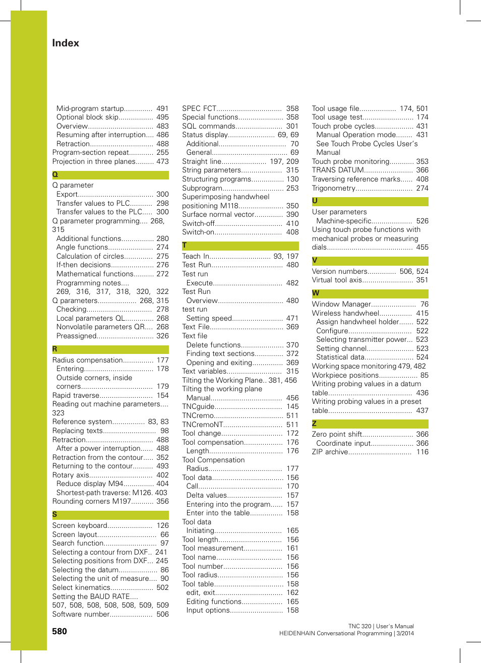 Index | HEIDENHAIN TNC 320 (77185x-01) User Manual | Page 580 / 581