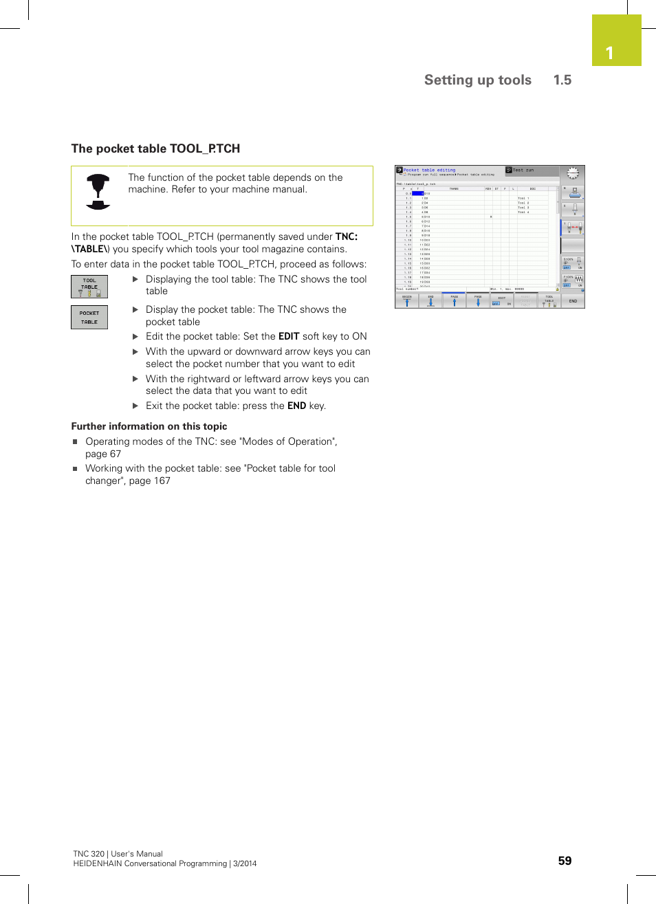 The pocket table tool_p.tch, Setting up tools 1.5 | HEIDENHAIN TNC 320 (77185x-01) User Manual | Page 59 / 581