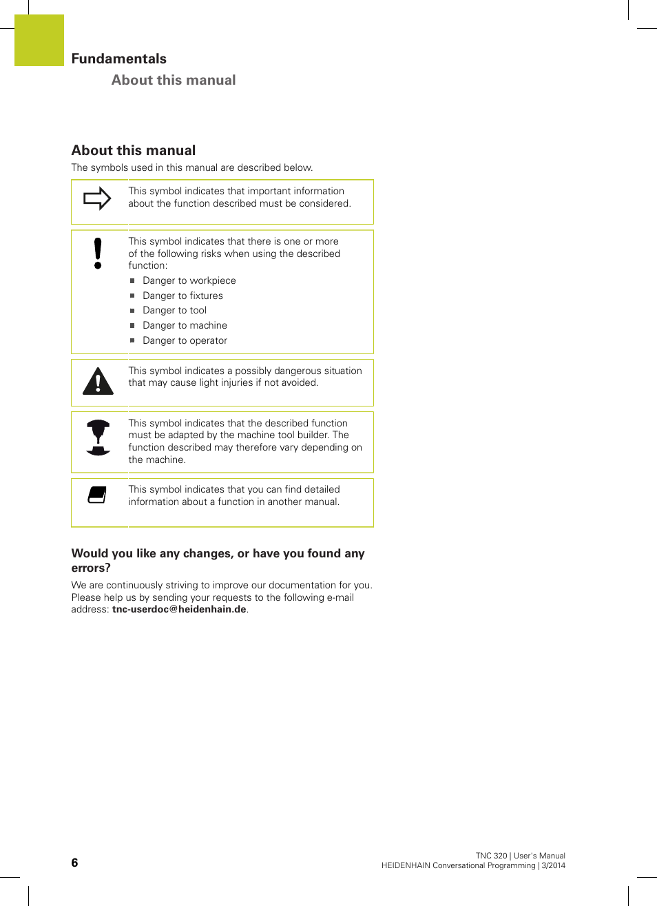 About this manual, Fundamentals about this manual | HEIDENHAIN TNC 320 (77185x-01) User Manual | Page 6 / 581