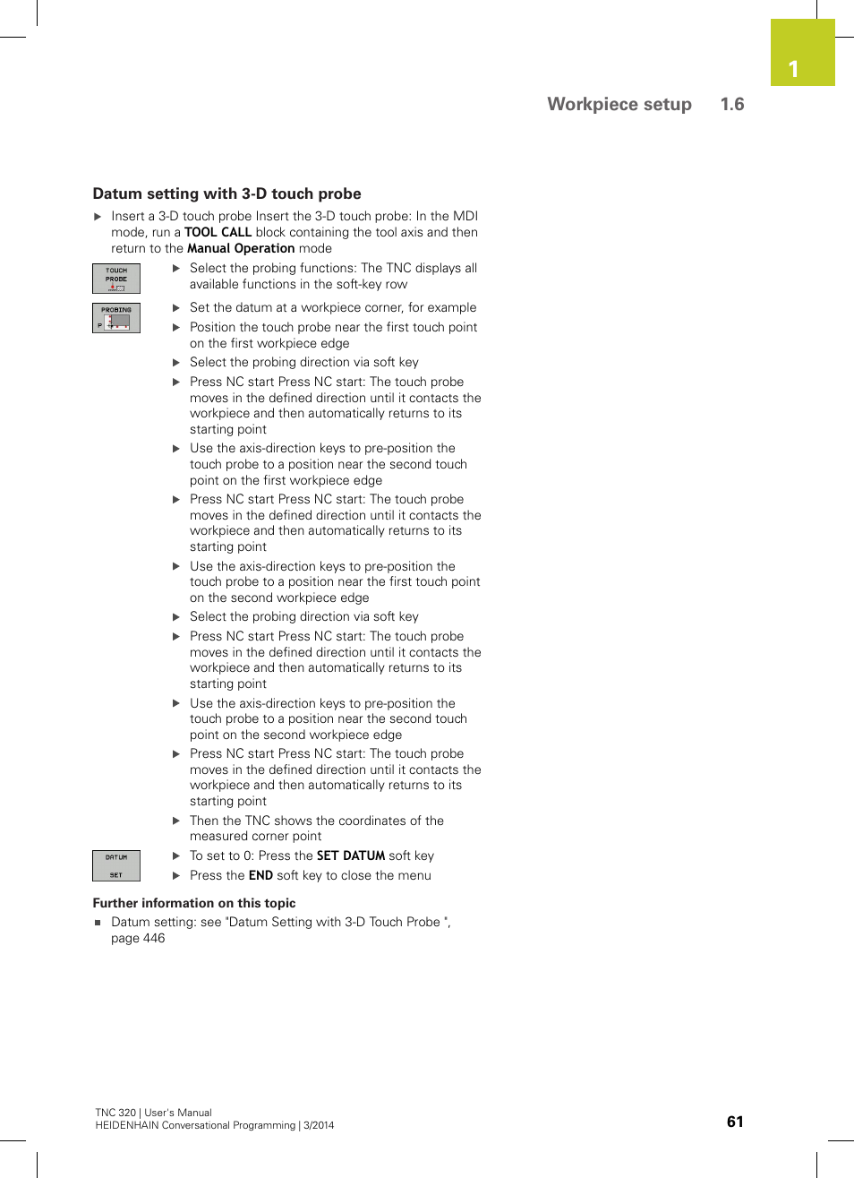 Datum setting with 3-d touch probe, Workpiece setup 1.6 | HEIDENHAIN TNC 320 (77185x-01) User Manual | Page 61 / 581