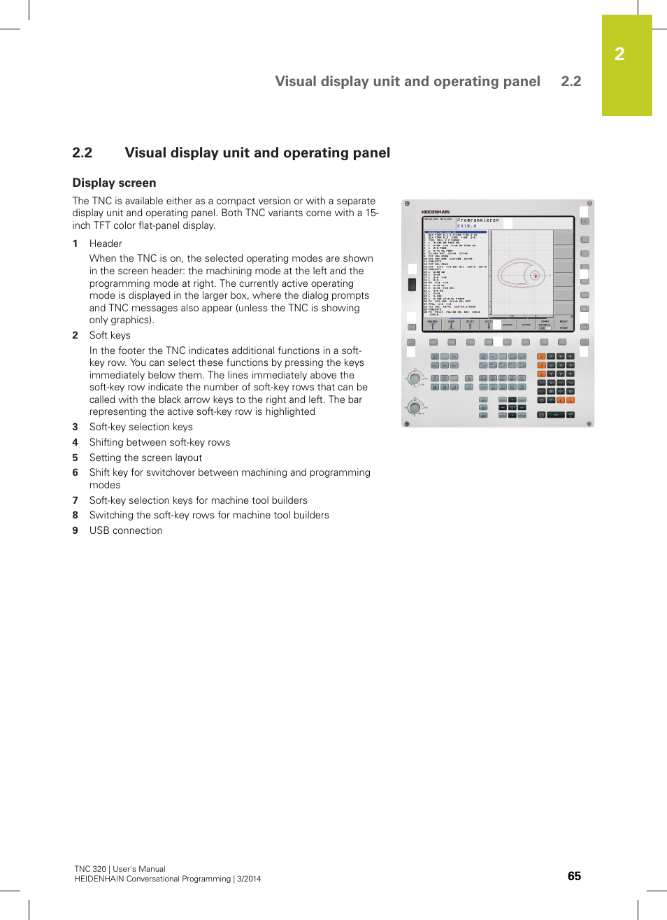 2 visual display unit and operating panel, Display screen, Visual display unit and operating panel | Visual display unit and operating panel 2.2 | HEIDENHAIN TNC 320 (77185x-01) User Manual | Page 65 / 581