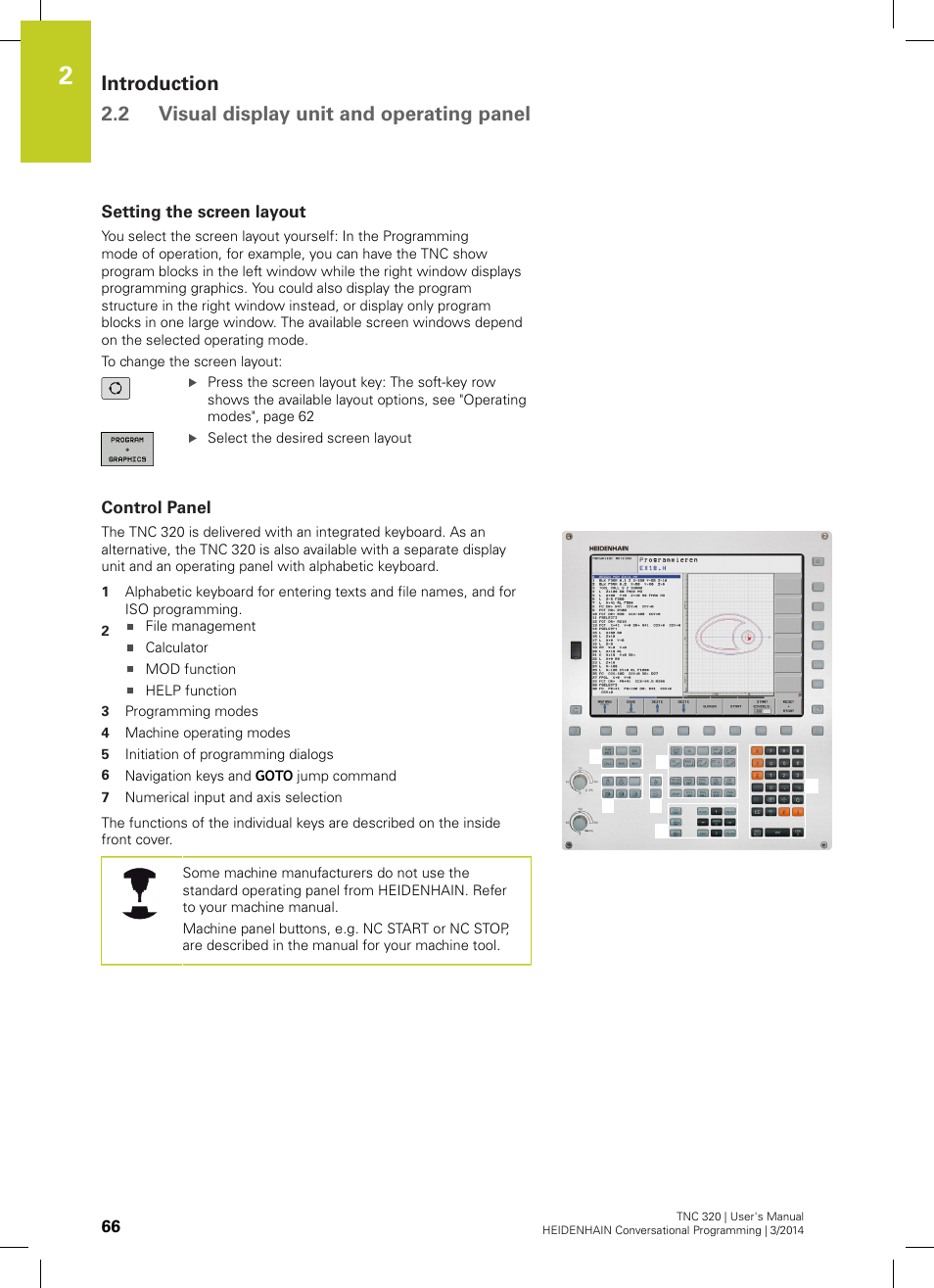 Setting the screen layout, Control panel | HEIDENHAIN TNC 320 (77185x-01) User Manual | Page 66 / 581