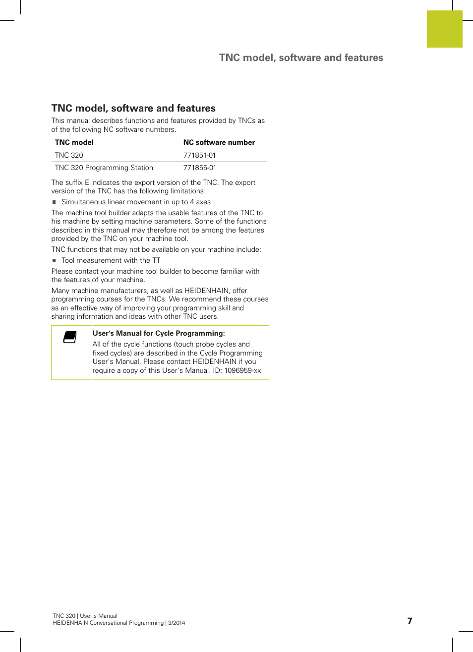 Tnc model, software and features | HEIDENHAIN TNC 320 (77185x-01) User Manual | Page 7 / 581