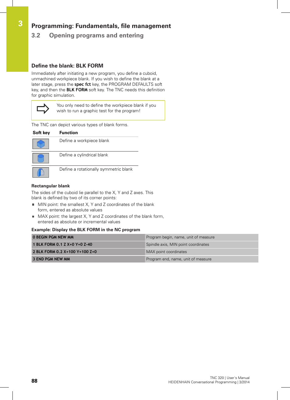Define the blank: blk form | HEIDENHAIN TNC 320 (77185x-01) User Manual | Page 88 / 581