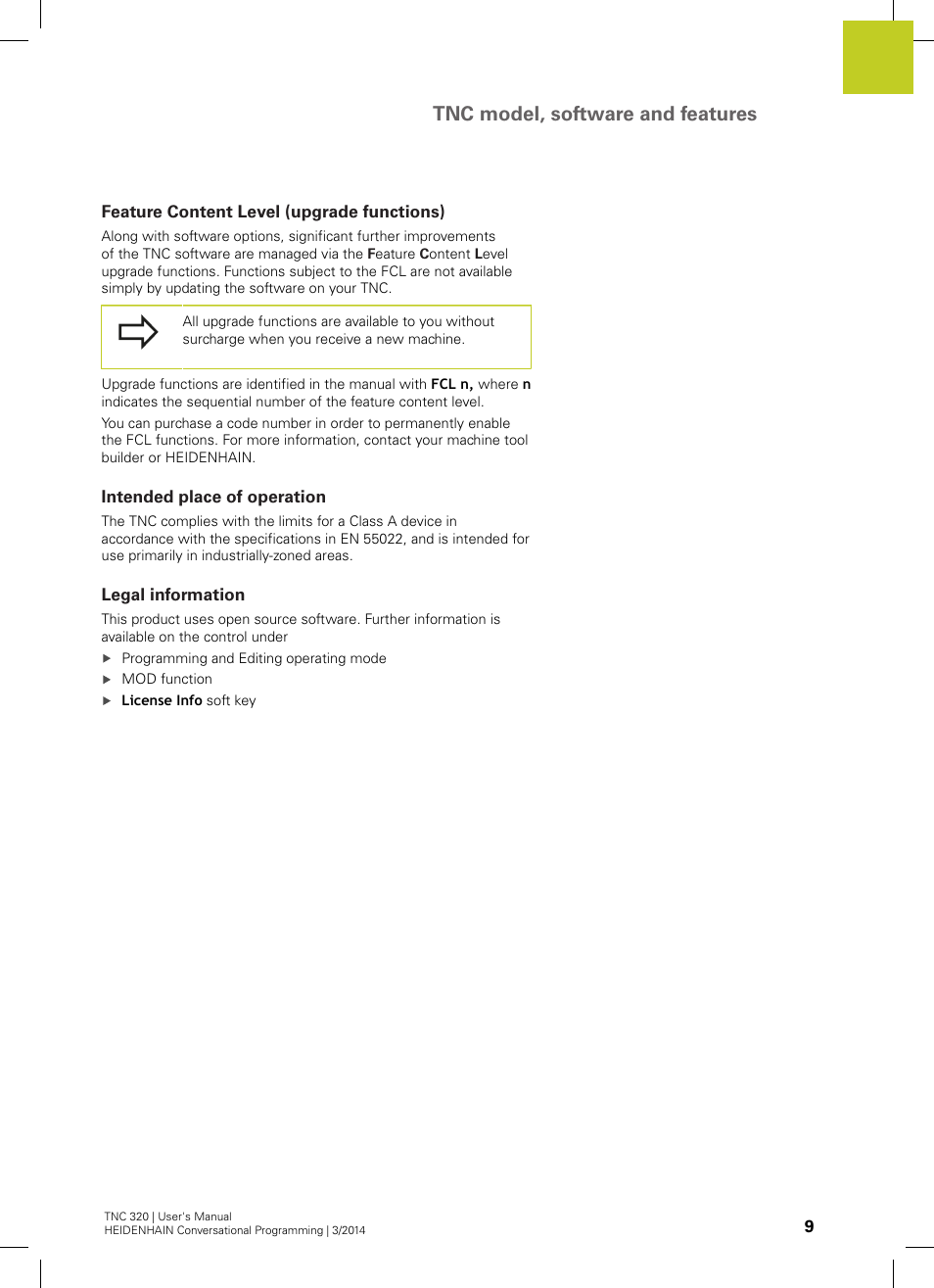 Feature content level (upgrade functions), Intended place of operation, Legal information | Tnc model, software and features | HEIDENHAIN TNC 320 (77185x-01) User Manual | Page 9 / 581