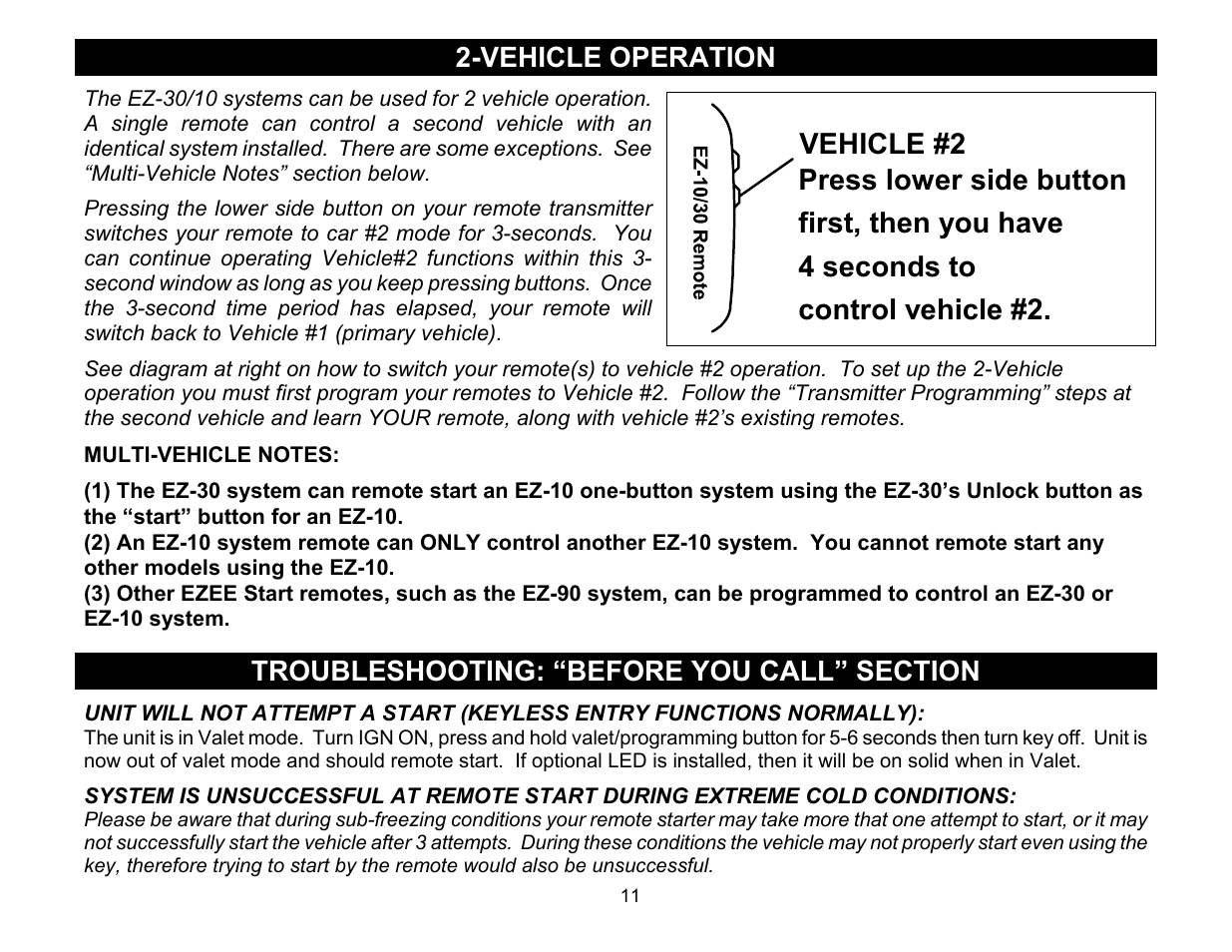 Vehicle operation, Troubleshooting: “before you call” section | Crimestopper Security Products EZ-10 User Manual | Page 11 / 12