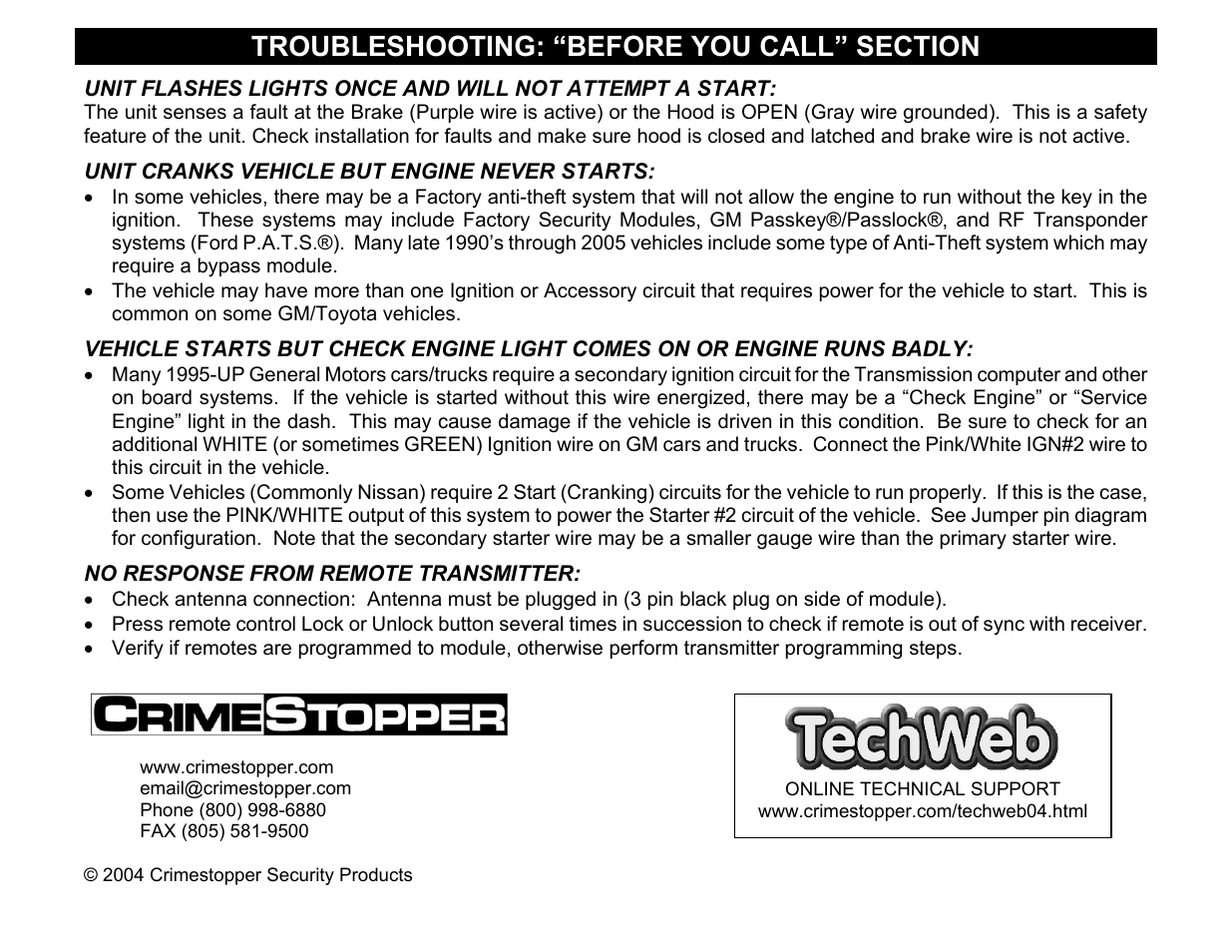 Troubleshooting: “before you call” section, Unit cranks vehicle but engine never starts | Crimestopper Security Products EZ-10 User Manual | Page 12 / 12