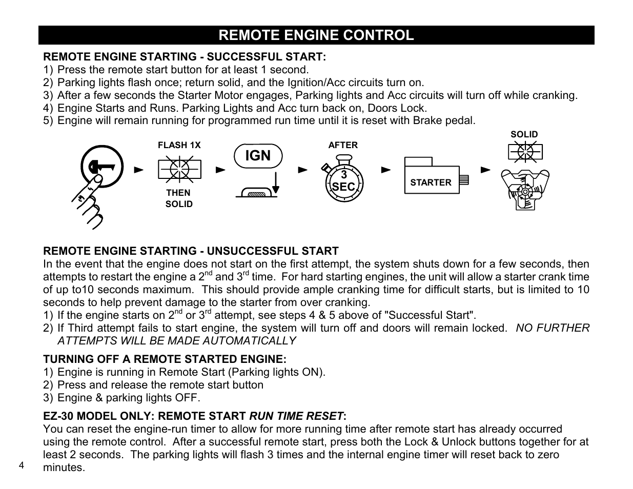 Remote engine control, Remote engine starting - successful start, Remote engine starting - unsuccessful start | Turning off a remote started engine, Ez-30 model only: remote start run time reset | Crimestopper Security Products EZ-10 User Manual | Page 4 / 12