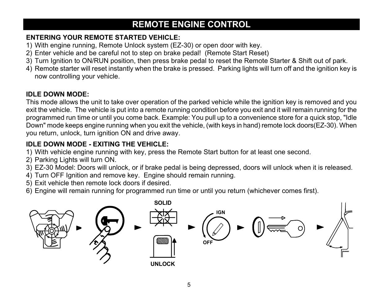Remote engine control, Idle down mode, Idle down mode - exiting the vehicle | Crimestopper Security Products EZ-10 User Manual | Page 5 / 12