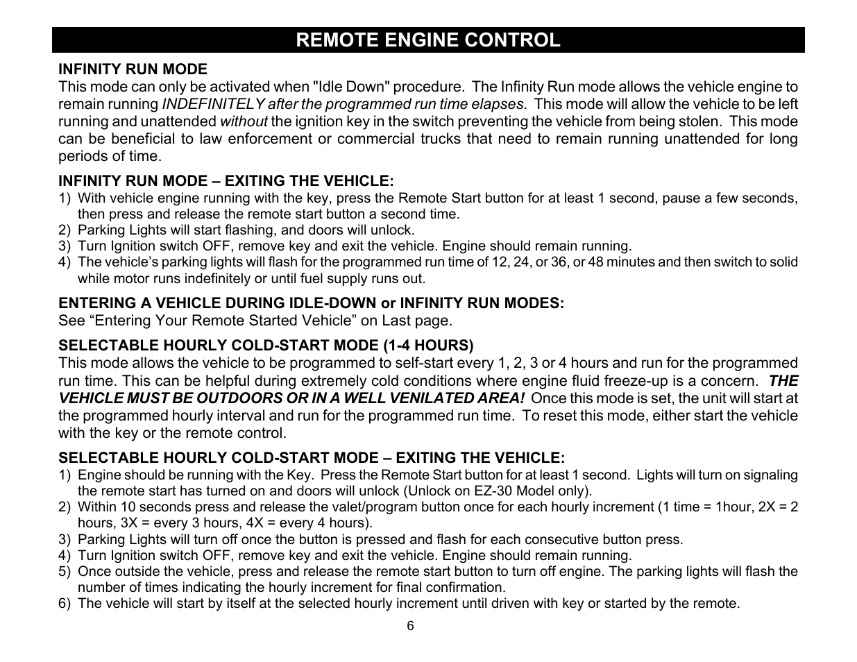 Remote engine control, Infinity run mode, Infinity run mode – exiting the vehicle | Selectable hourly cold-start mode (1-4 hours), Selectable hourly cold-start mode – exiting the v | Crimestopper Security Products EZ-10 User Manual | Page 6 / 12