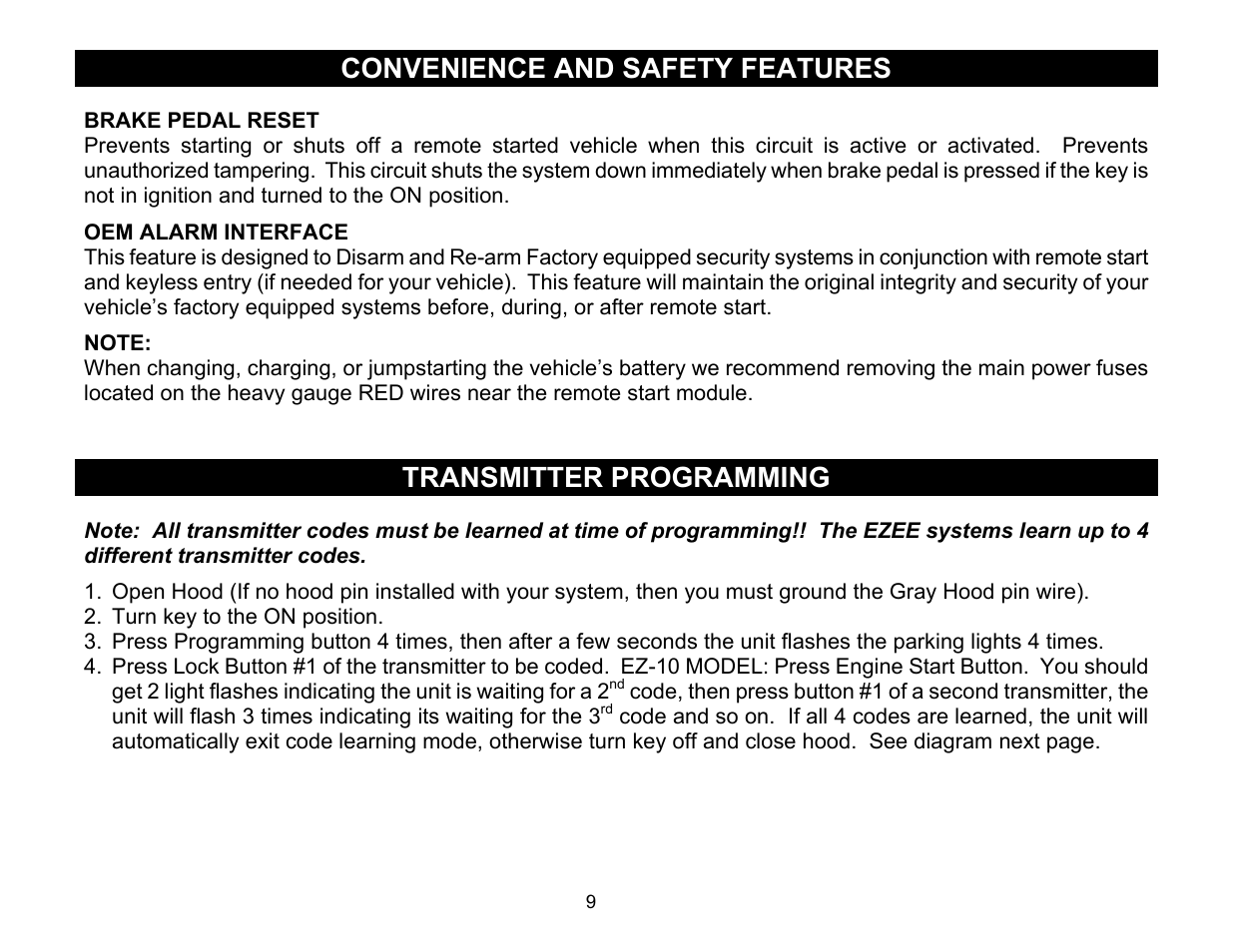 Convenience and safety features, Brake pedal reset, Oem alarm interface | Transmitter programming | Crimestopper Security Products EZ-10 User Manual | Page 9 / 12