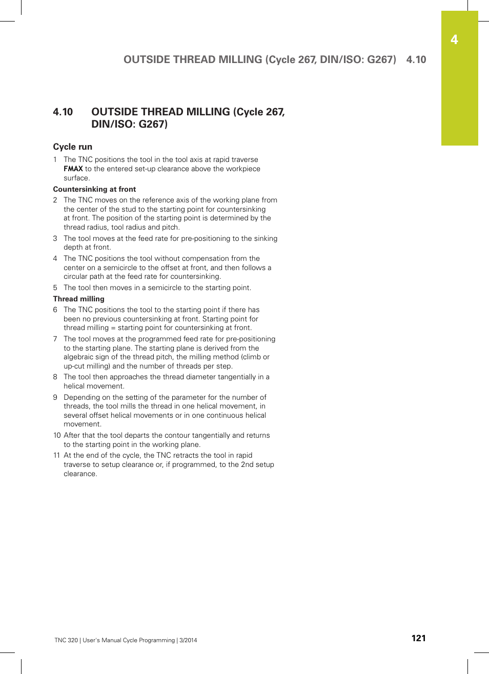 Cycle run, Outside thread milling (cycle 267, din/iso: g267) | HEIDENHAIN TNC 320 (77185x-01) Cycle programming User Manual | Page 121 / 445
