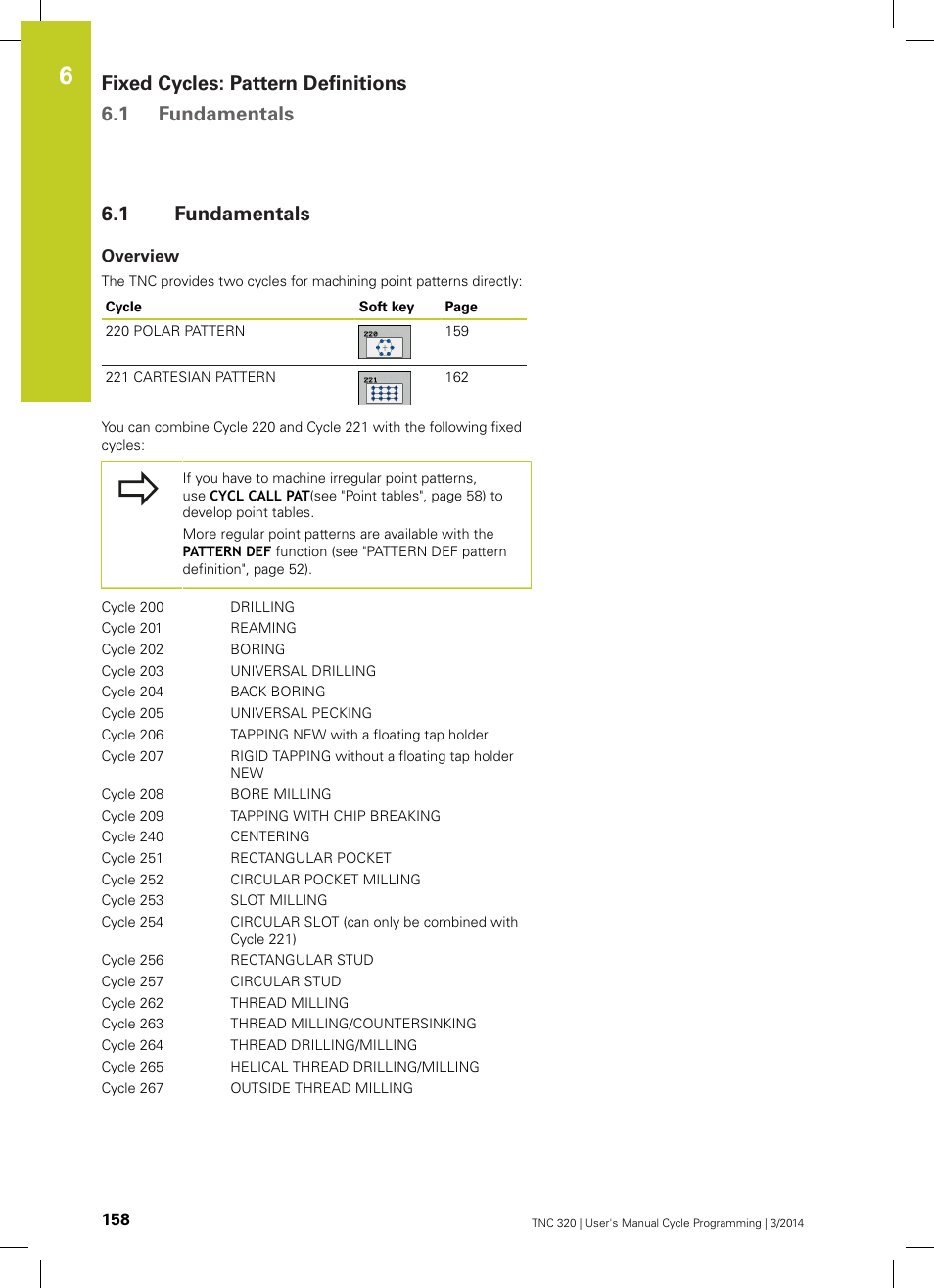 1 fundamentals, Overview, Fundamentals | Fixed cycles: pattern definitions 6.1 fundamentals | HEIDENHAIN TNC 320 (77185x-01) Cycle programming User Manual | Page 158 / 445