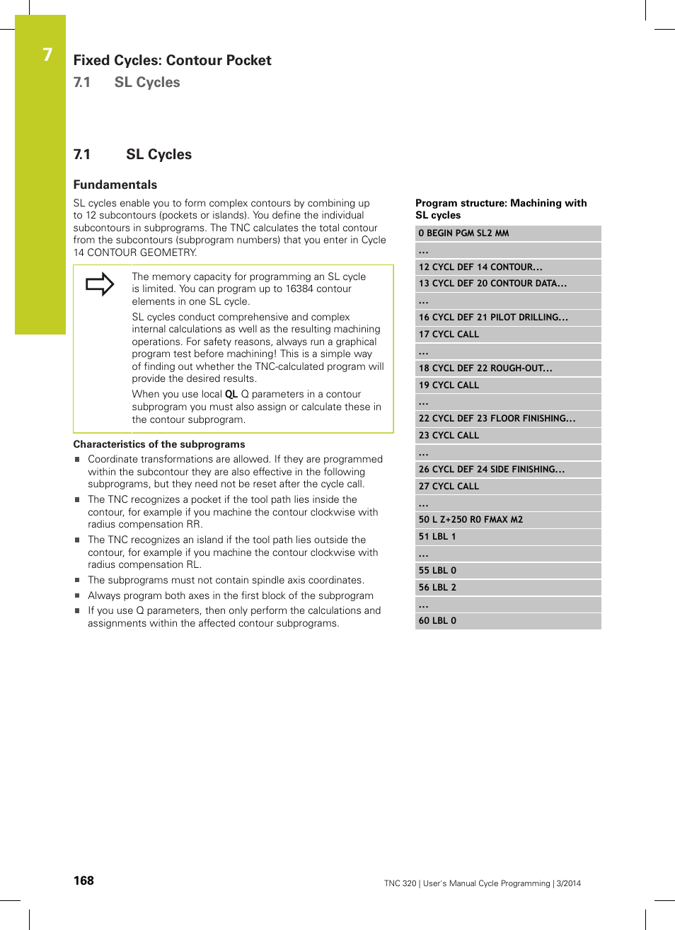 1 sl cycles, Fundamentals, Sl cycles | Fixed cycles: contour pocket 7.1 sl cycles | HEIDENHAIN TNC 320 (77185x-01) Cycle programming User Manual | Page 168 / 445
