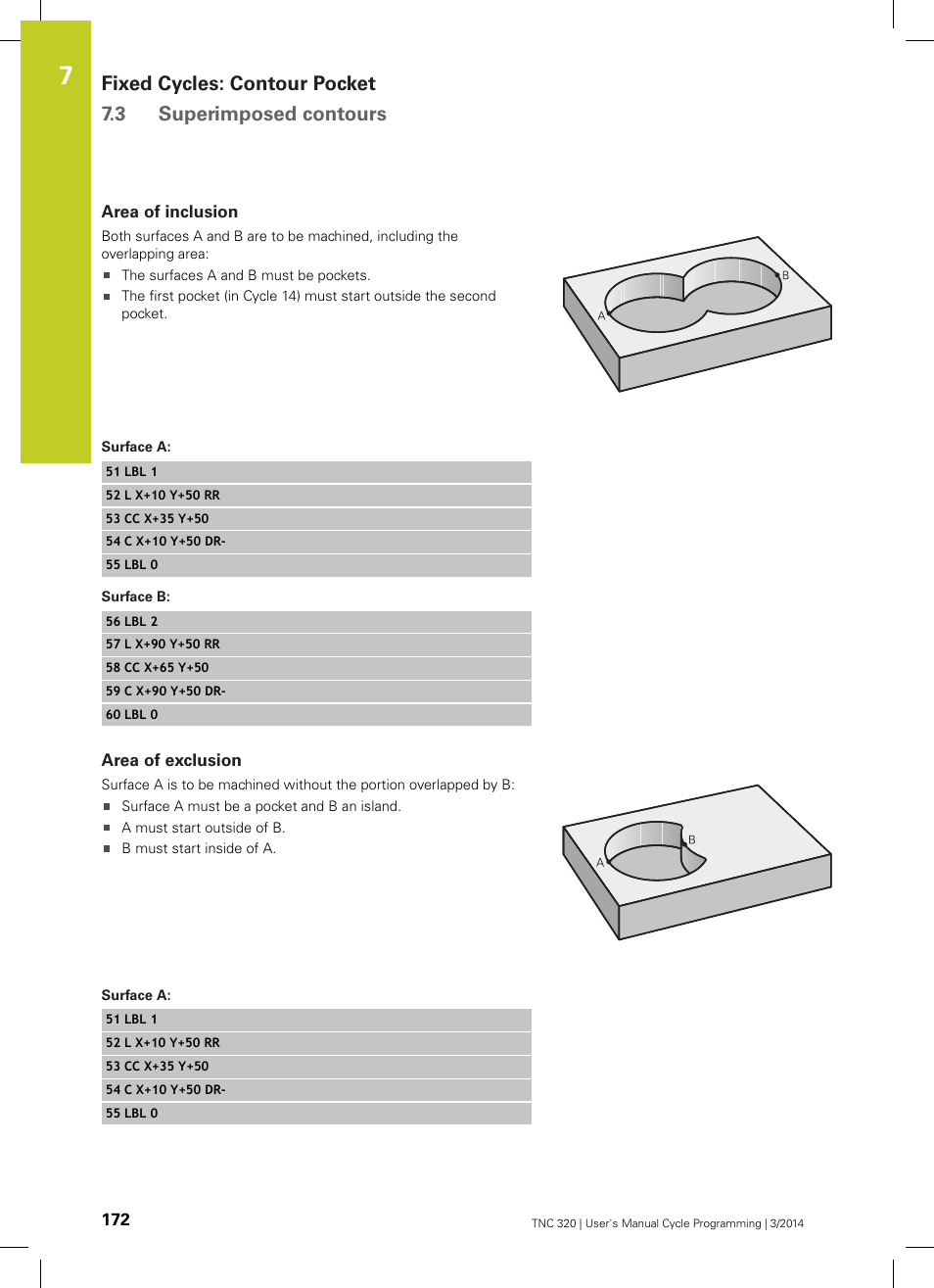Area of inclusion, Surface a, Surface b | Area of exclusion | HEIDENHAIN TNC 320 (77185x-01) Cycle programming User Manual | Page 172 / 445