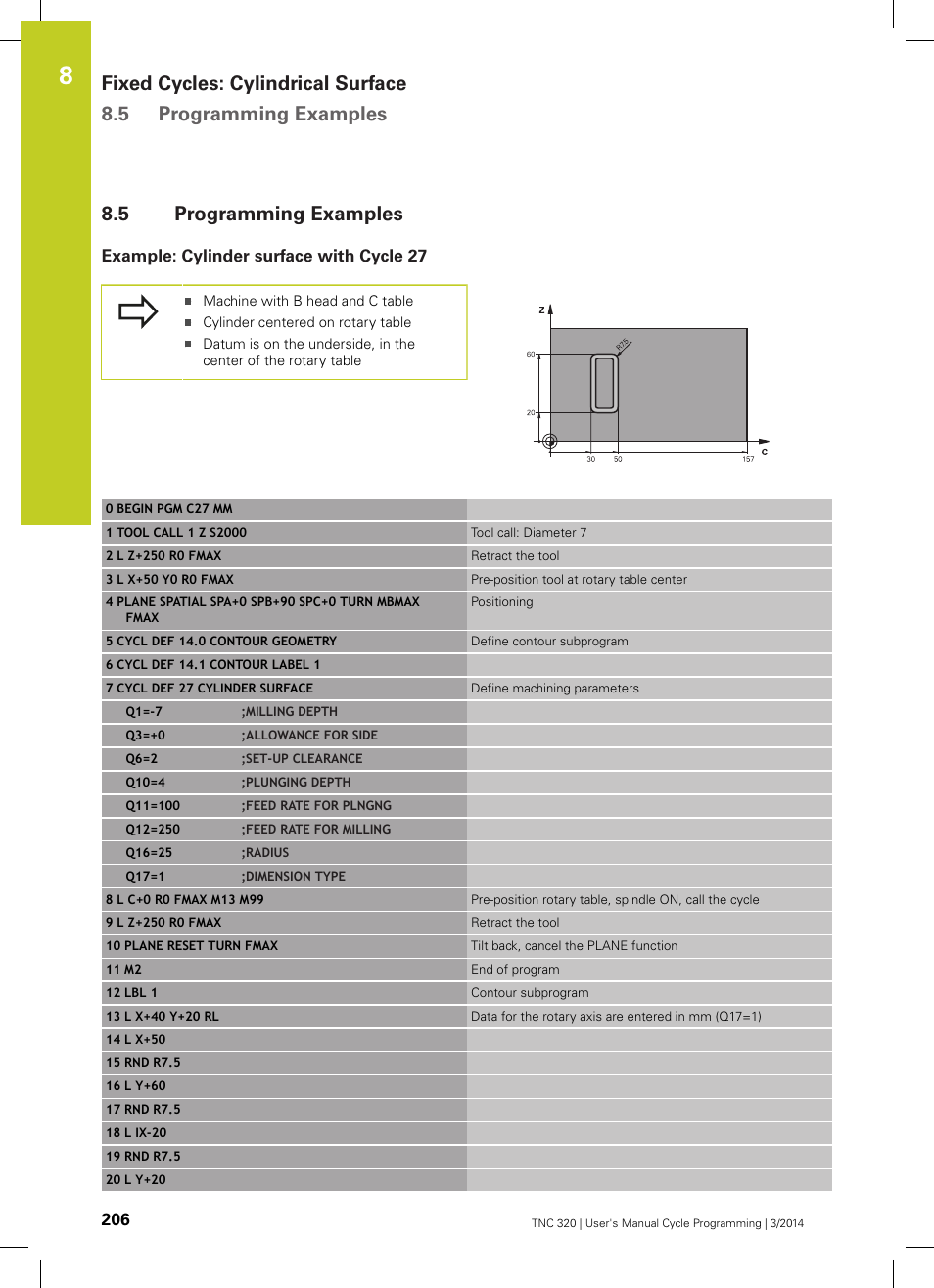 5 programming examples, Example: cylinder surface with cycle 27, Programming examples | HEIDENHAIN TNC 320 (77185x-01) Cycle programming User Manual | Page 206 / 445
