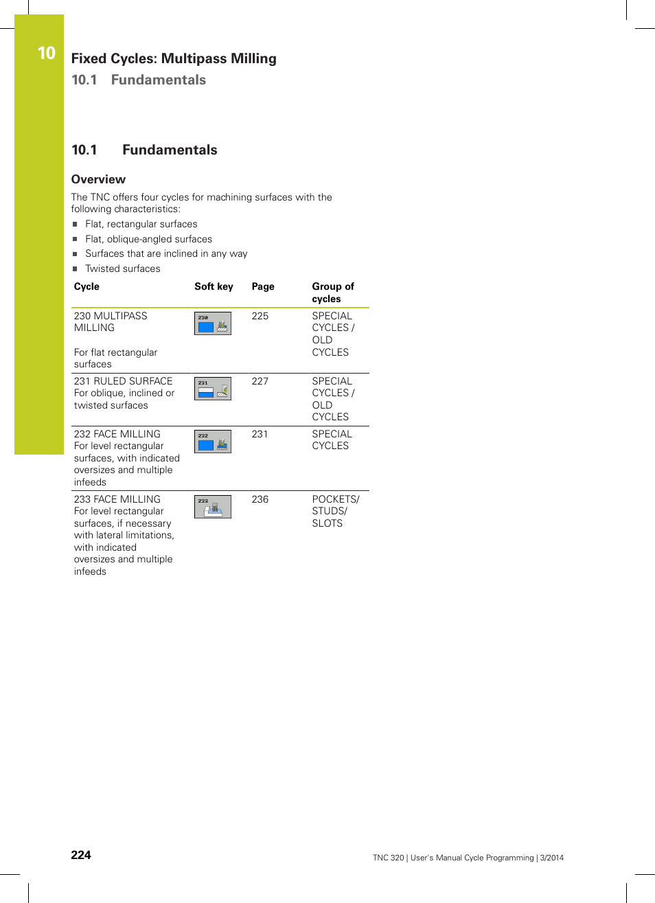 1 fundamentals, Overview, Fundamentals | Fixed cycles: multipass milling 10.1 fundamentals | HEIDENHAIN TNC 320 (77185x-01) Cycle programming User Manual | Page 224 / 445