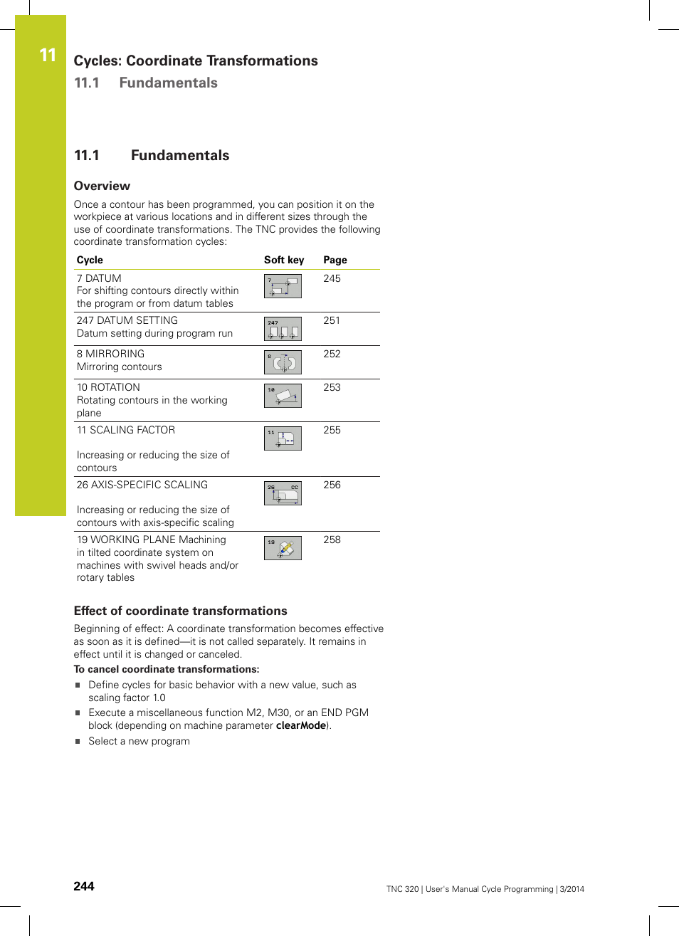 1 fundamentals, Overview, Effect of coordinate transformations | Fundamentals | HEIDENHAIN TNC 320 (77185x-01) Cycle programming User Manual | Page 244 / 445