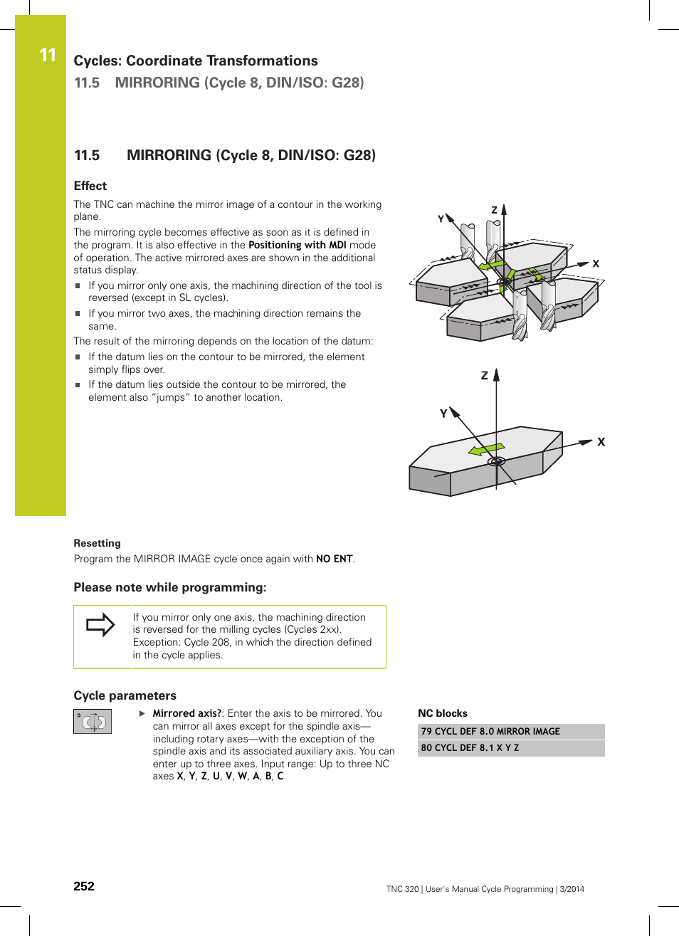 5 mirroring (cycle 8, din/iso: g28), Effect, Please note while programming | Cycle parameters, Mirroring (cycle 8, din/iso: g28) | HEIDENHAIN TNC 320 (77185x-01) Cycle programming User Manual | Page 252 / 445