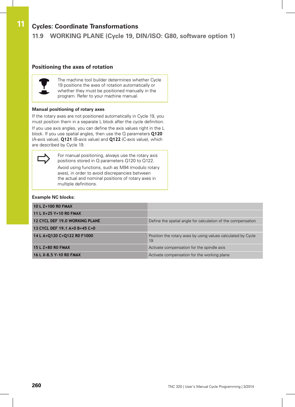 Positioning the axes of rotation, Example nc blocks | HEIDENHAIN TNC 320 (77185x-01) Cycle programming User Manual | Page 260 / 445