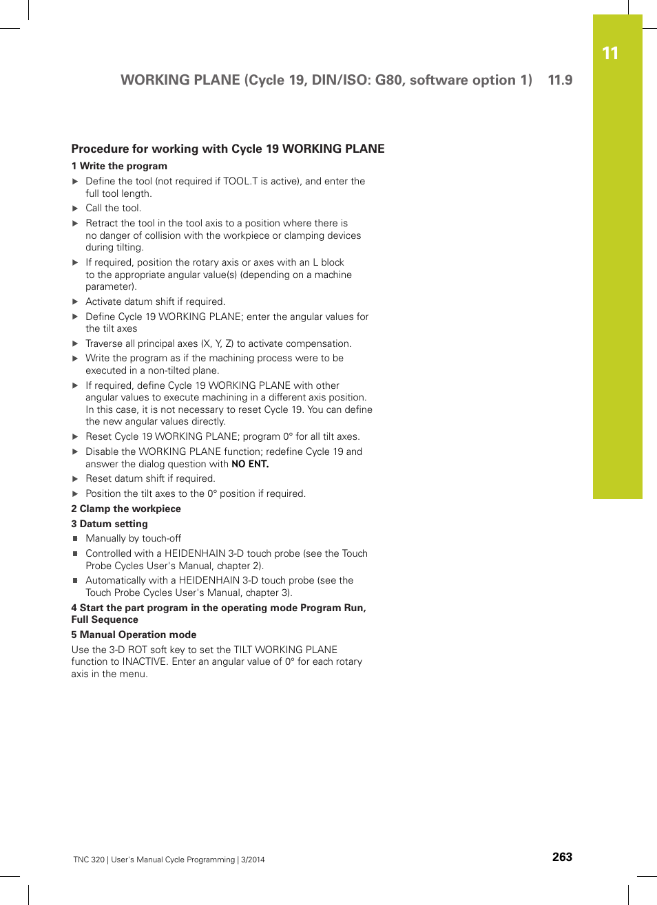 Procedure for working with cycle 19 working plane | HEIDENHAIN TNC 320 (77185x-01) Cycle programming User Manual | Page 263 / 445