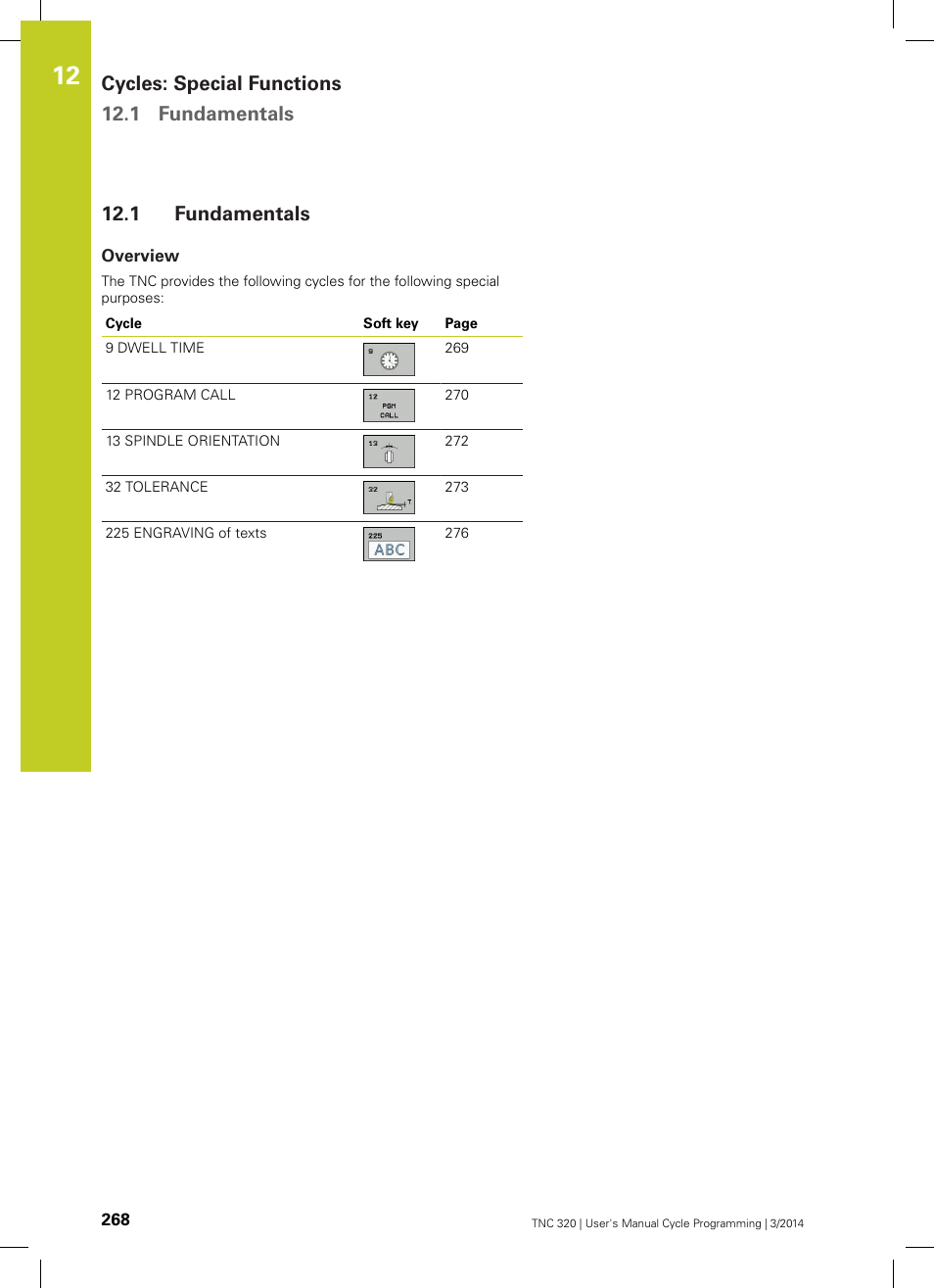 1 fundamentals, Overview, Fundamentals | Cycles: special functions 12.1 fundamentals | HEIDENHAIN TNC 320 (77185x-01) Cycle programming User Manual | Page 268 / 445