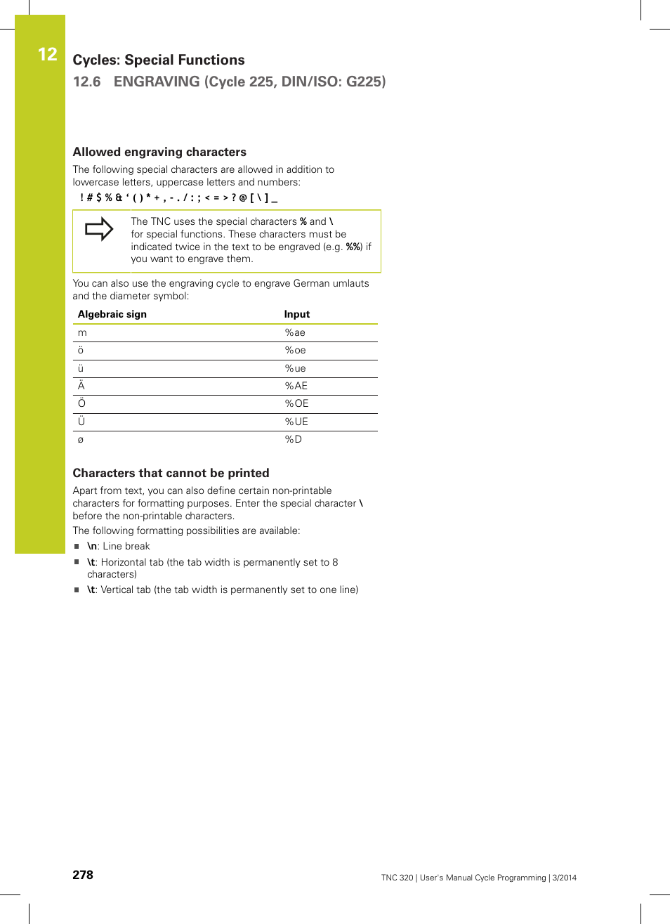 Allowed engraving characters, Characters that cannot be printed | HEIDENHAIN TNC 320 (77185x-01) Cycle programming User Manual | Page 278 / 445