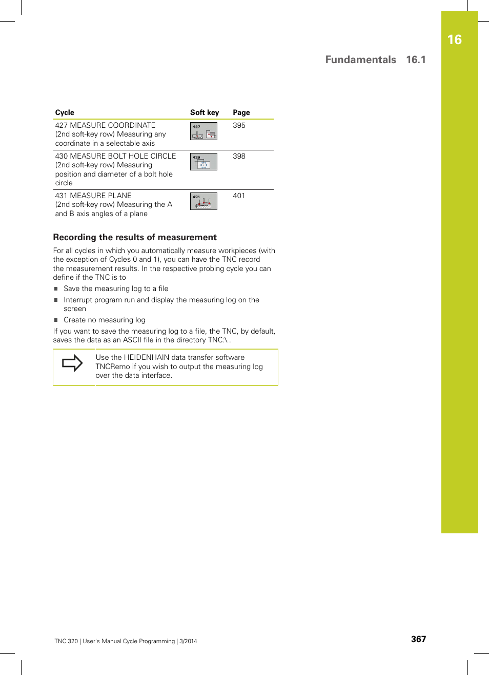Recording the results of measurement, Fundamentals 16.1 | HEIDENHAIN TNC 320 (77185x-01) Cycle programming User Manual | Page 367 / 445