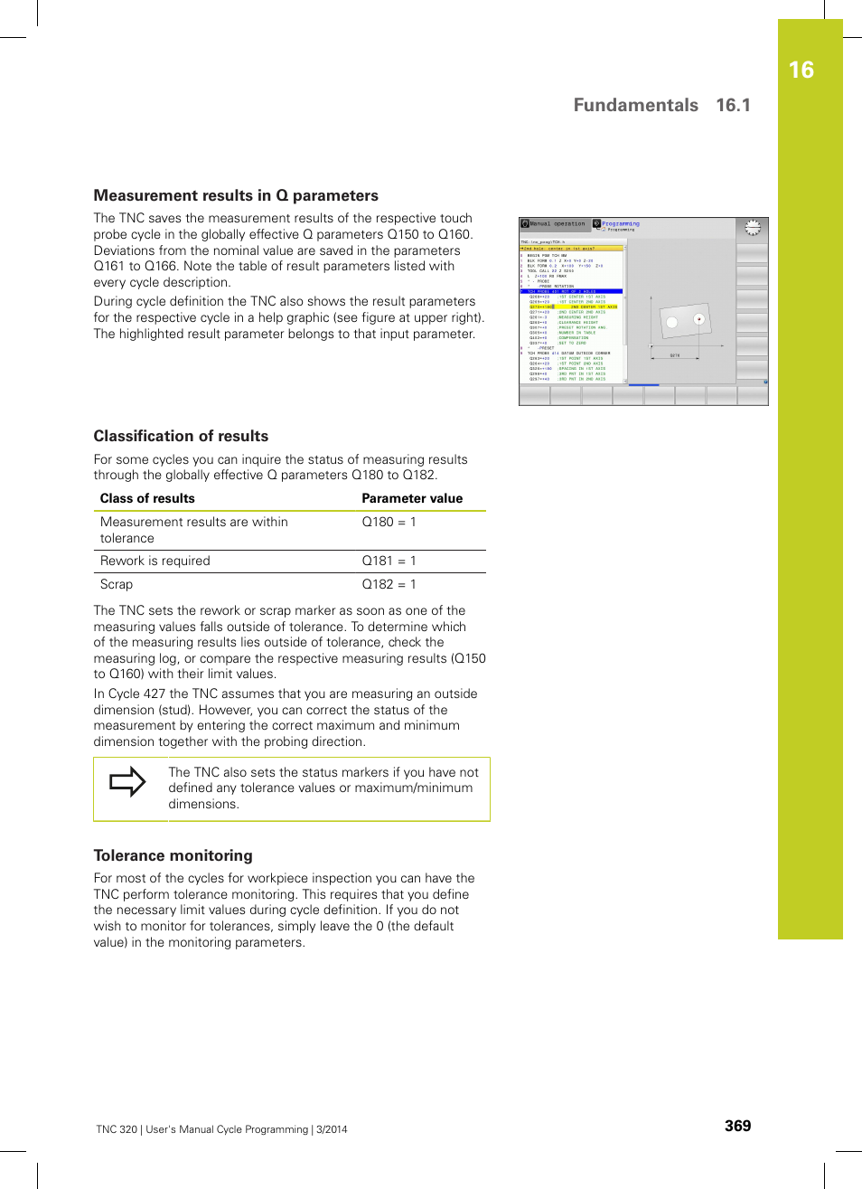 Measurement results in q parameters, Classification of results, Tolerance monitoring | Fundamentals 16.1 | HEIDENHAIN TNC 320 (77185x-01) Cycle programming User Manual | Page 369 / 445