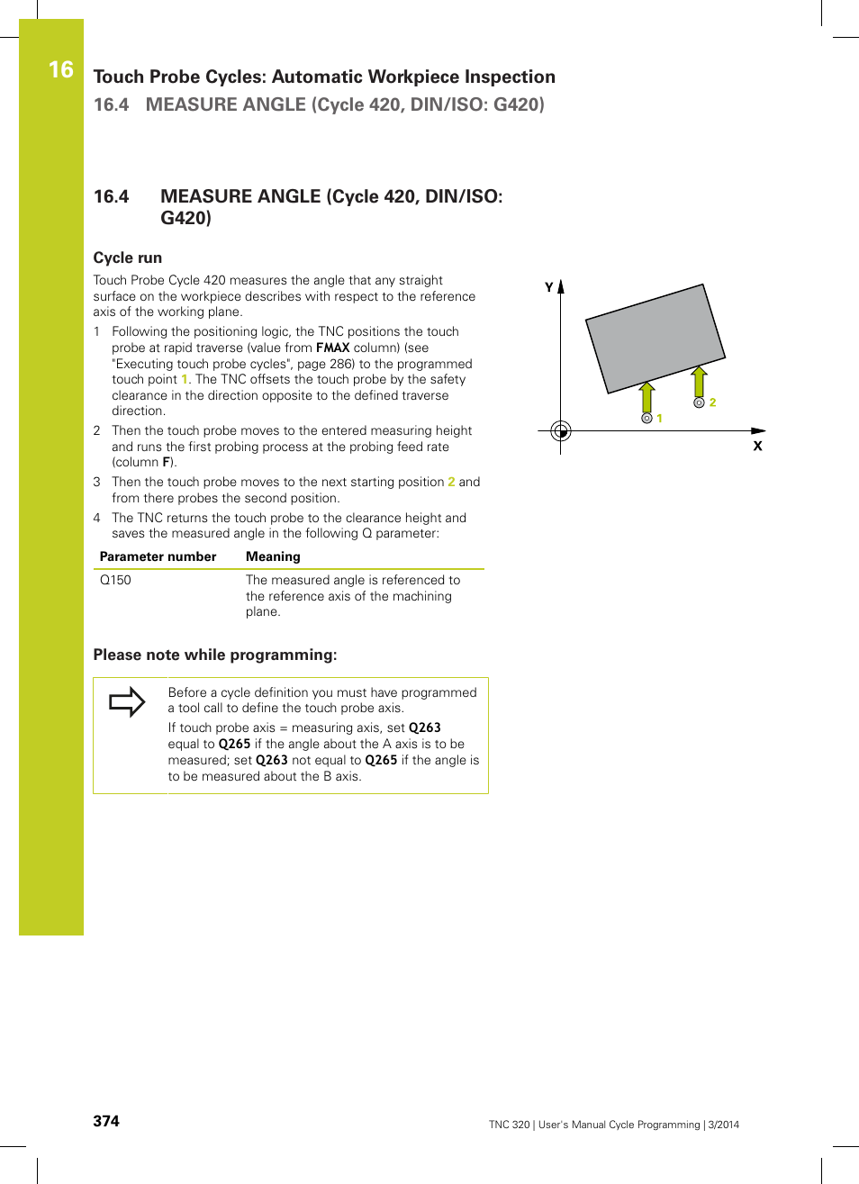4 measure angle (cycle 420, din/iso: g420), Cycle run, Please note while programming | Measure angle (cycle 420, din/iso: g420) | HEIDENHAIN TNC 320 (77185x-01) Cycle programming User Manual | Page 374 / 445