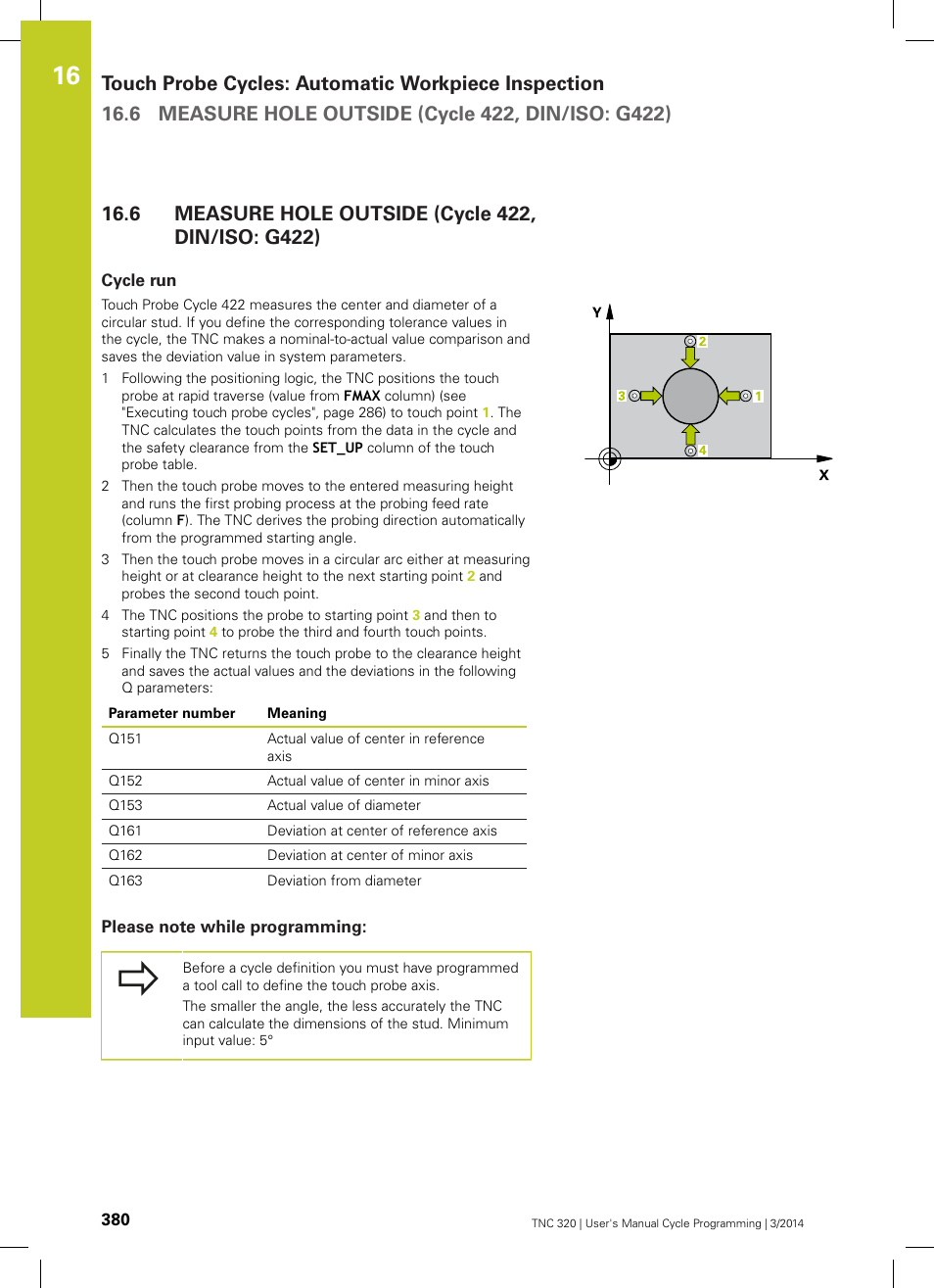 6 measure hole outside (cycle 422, din/iso: g422), Cycle run, Please note while programming | Measure hole outside (cycle 422, din/iso: g422) | HEIDENHAIN TNC 320 (77185x-01) Cycle programming User Manual | Page 380 / 445