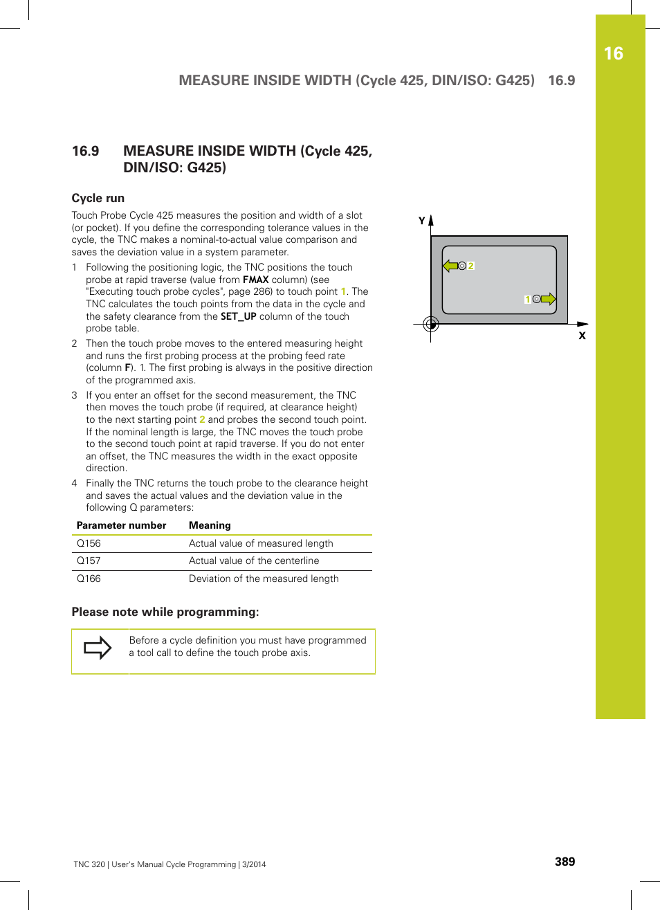 9 measure inside width (cycle 425, din/iso: g425), Cycle run, Please note while programming | Measure inside width (cycle 425, din/iso: g425) | HEIDENHAIN TNC 320 (77185x-01) Cycle programming User Manual | Page 389 / 445