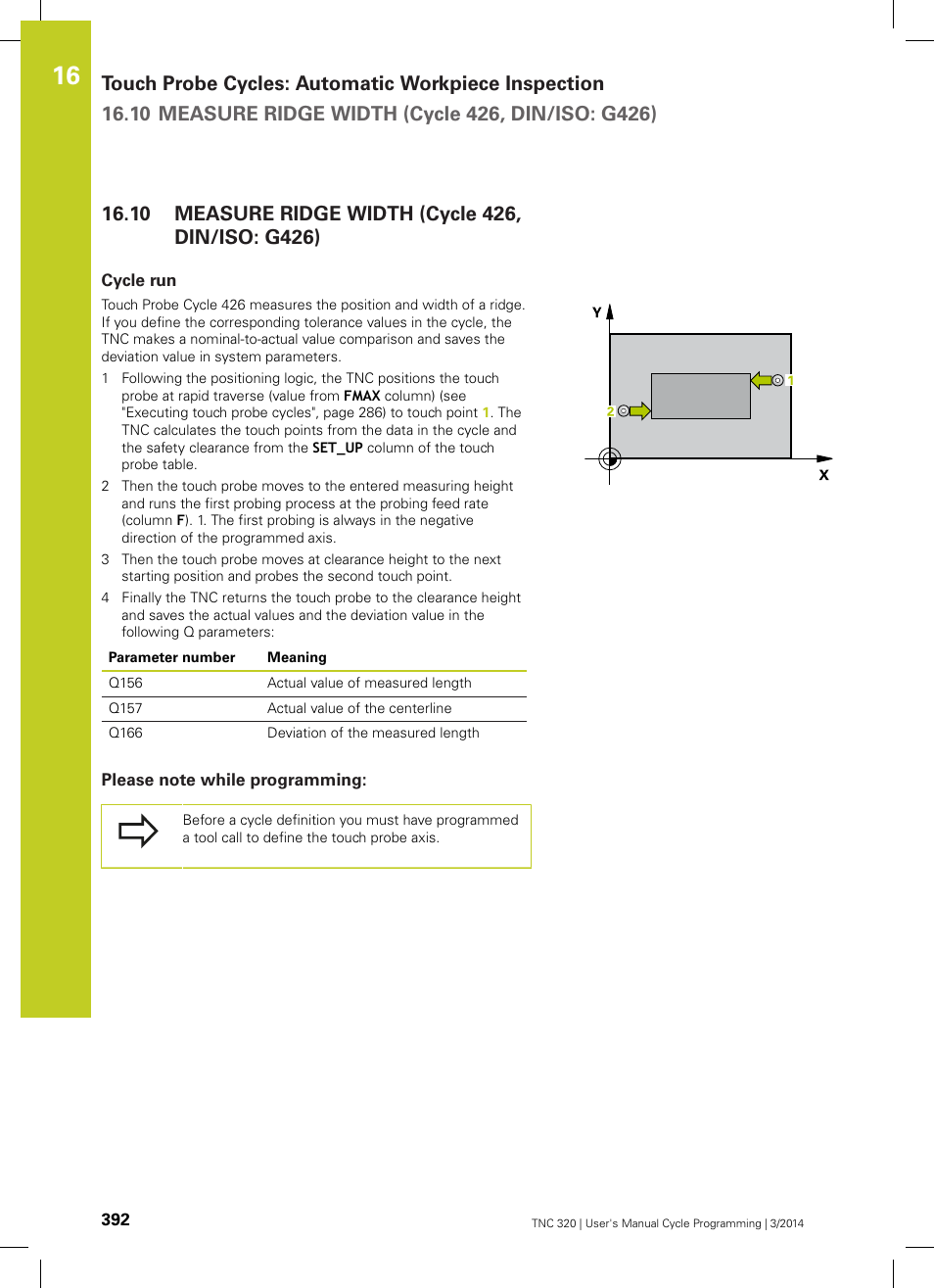 10 measure ridge width (cycle 426, din/iso: g426), Cycle run, Please note while programming | Measure ridge width (cycle 426, din/iso: g426) | HEIDENHAIN TNC 320 (77185x-01) Cycle programming User Manual | Page 392 / 445