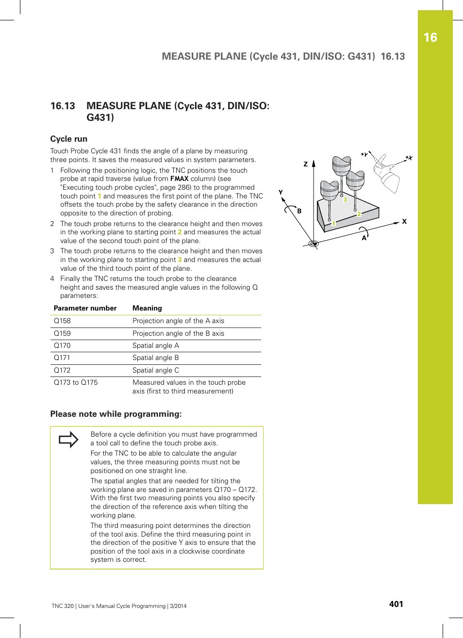 13 measure plane (cycle 431, din/iso: g431), Cycle run, Please note while programming | Measure plane (cycle 431, din/iso: g431) | HEIDENHAIN TNC 320 (77185x-01) Cycle programming User Manual | Page 401 / 445
