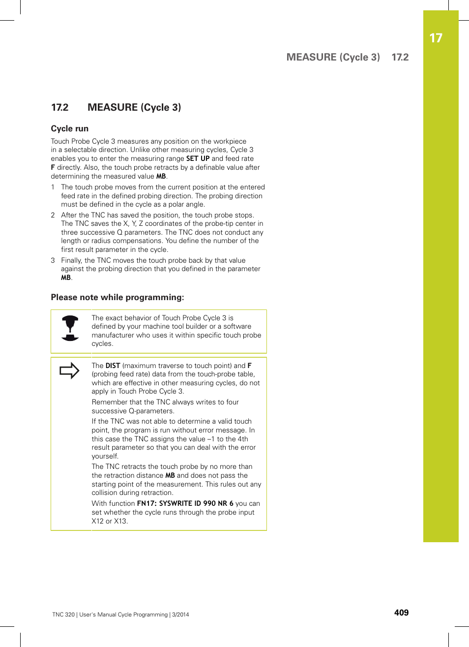 2 measure (cycle 3), Cycle run, Please note while programming | Measure (cycle 3), Measure (cycle 3) 17.2 | HEIDENHAIN TNC 320 (77185x-01) Cycle programming User Manual | Page 409 / 445