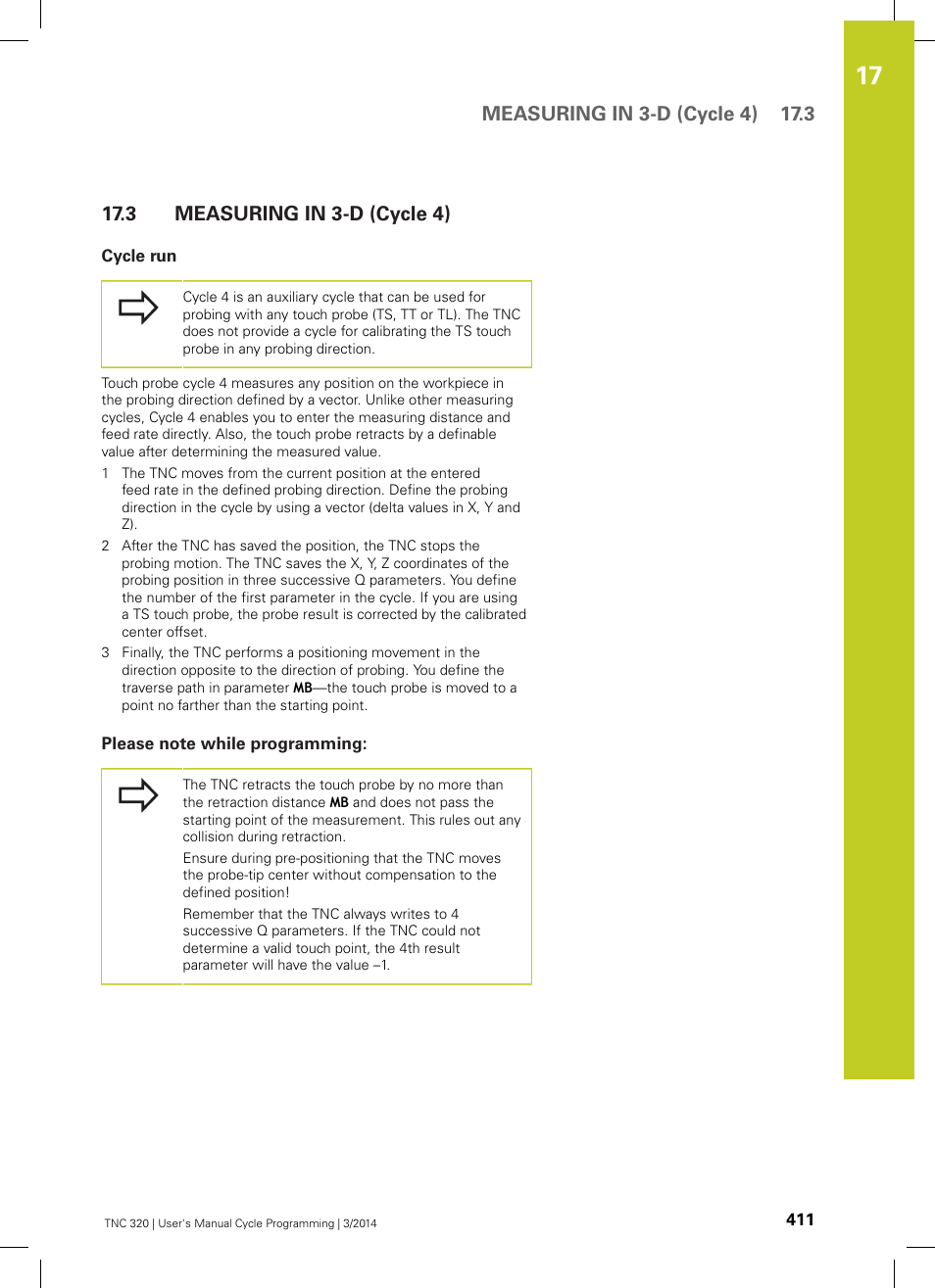 3 measuring in 3-d (cycle 4), Cycle run, Please note while programming | Measuring in 3-d (cycle 4) | HEIDENHAIN TNC 320 (77185x-01) Cycle programming User Manual | Page 411 / 445