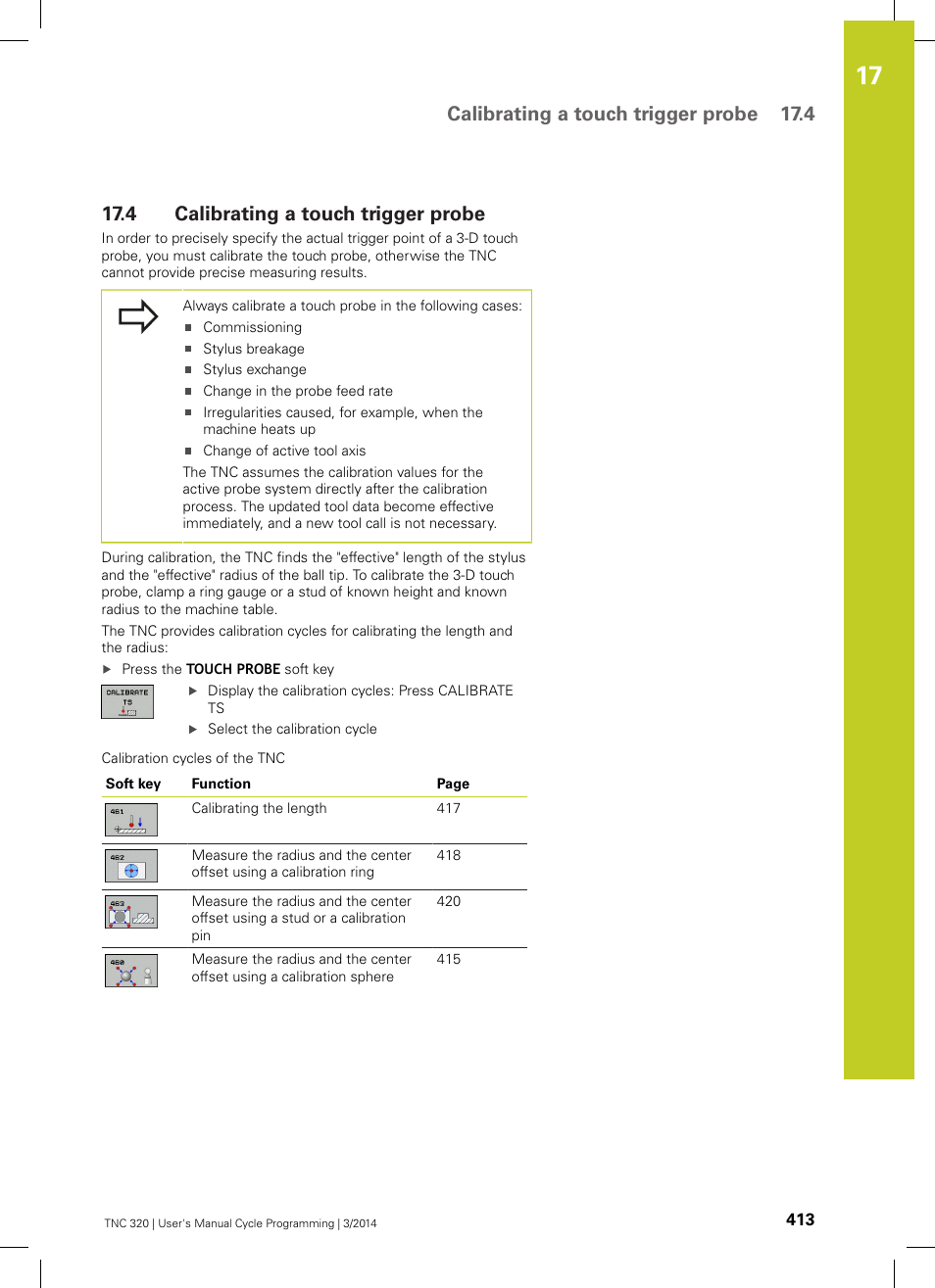 4 calibrating a touch trigger probe, Calibrating a touch trigger probe, Calibrating a touch trigger probe 17.4 | HEIDENHAIN TNC 320 (77185x-01) Cycle programming User Manual | Page 413 / 445