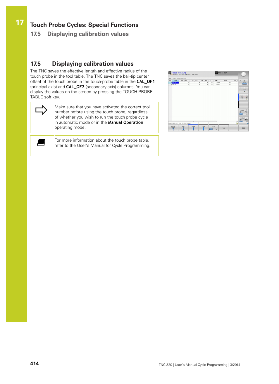 5 displaying calibration values, Displaying calibration values | HEIDENHAIN TNC 320 (77185x-01) Cycle programming User Manual | Page 414 / 445