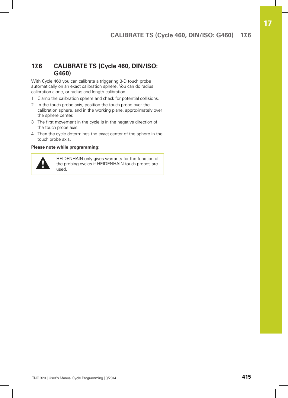 6 calibrate ts (cycle 460, din/iso: g460), Calibrate ts (cycle 460, din/iso: g460) | HEIDENHAIN TNC 320 (77185x-01) Cycle programming User Manual | Page 415 / 445